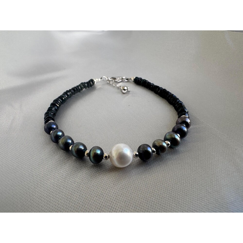 Black Tourmaline & Freshwater Pearl Bracelet 7.5” + Ext | White Accent Pearl | 9